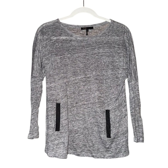 MAJE Gray Linen Goat Leather Trim Pockets 3/4 Sleeves Tee Shirt Size Small - Picture 3 of 12